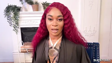 Ebony Trans Redhead Teases in Sheer Black Lingerie & Leather Thigh-High Boots